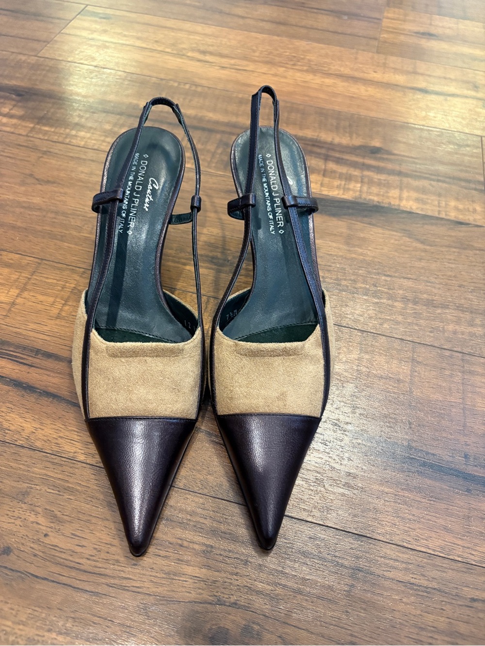 Couture Donald J Pliner Colorblock Slingback Kitten Heel Brown Suede/Leather 7.5